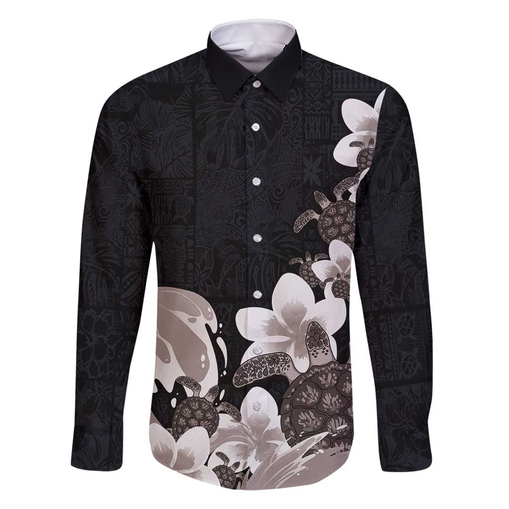 Hawaiian Plumeria and Turtle Family Matching Summer Maxi Dress and Hawaiian Shirt with Polynesian Tribal Art Pattern Grayscale Color LT03 Dad's Shirt - Long Sleeve Black - Polynesian Pride