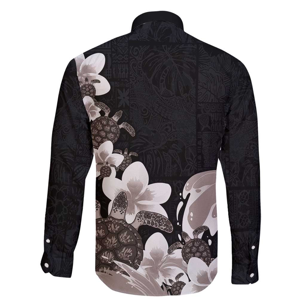 Hawaiian Plumeria and Turtle Family Matching Summer Maxi Dress and Hawaiian Shirt with Polynesian Tribal Art Pattern Grayscale Color LT03 - Polynesian Pride