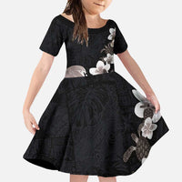 Hawaiian Plumeria and Turtle Family Matching Tank Maxi Dress and Hawaiian Shirt with Polynesian Tribal Art Pattern Grayscale Color LT03 Daughter's Dress Black - Polynesian Pride