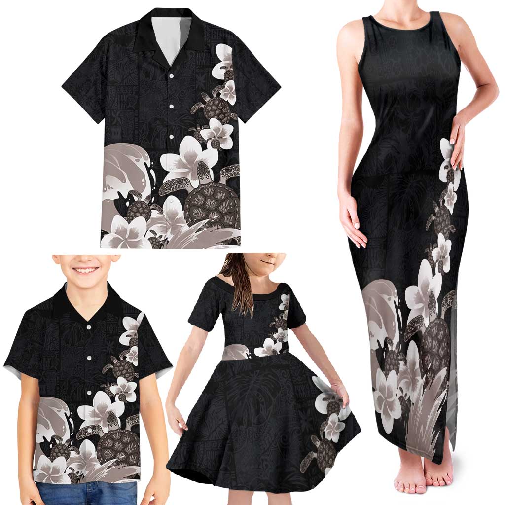 Hawaiian Plumeria and Turtle Family Matching Tank Maxi Dress and Hawaiian Shirt with Polynesian Tribal Art Pattern Grayscale Color LT03 - Polynesian Pride