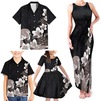 Hawaiian Plumeria and Turtle Family Matching Tank Maxi Dress and Hawaiian Shirt with Polynesian Tribal Art Pattern Grayscale Color LT03 - Polynesian Pride