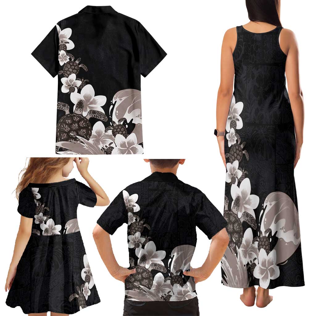 Hawaiian Plumeria and Turtle Family Matching Tank Maxi Dress and Hawaiian Shirt with Polynesian Tribal Art Pattern Grayscale Color LT03 - Polynesian Pride
