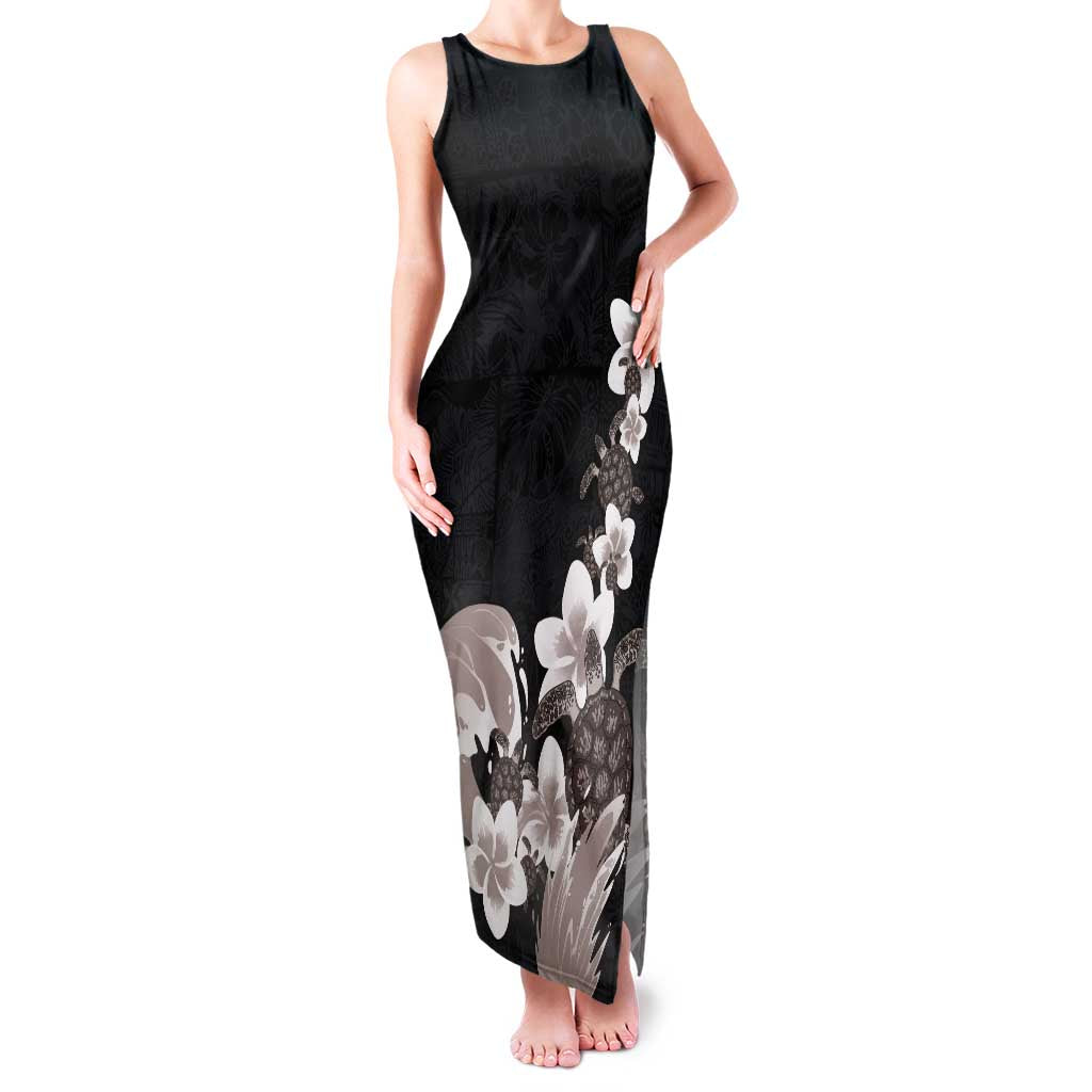 Hawaiian Plumeria and Turtle Family Matching Tank Maxi Dress and Hawaiian Shirt with Polynesian Tribal Art Pattern Grayscale Color LT03 Mom's Dress Black - Polynesian Pride