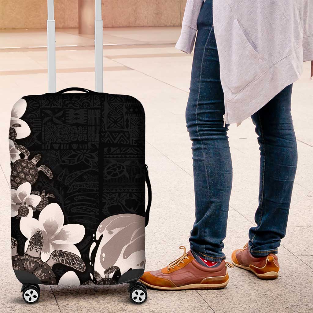 Hawaiian Plumeria and Turtle Luggage Cover with Polynesian Tribal Art Pattern Grayscale Color LT03 Black - Polynesian Pride