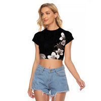Hawaiian Plumeria and Turtle Raglan Cropped T Shirt with Polynesian Tribal Art Pattern Grayscale Color