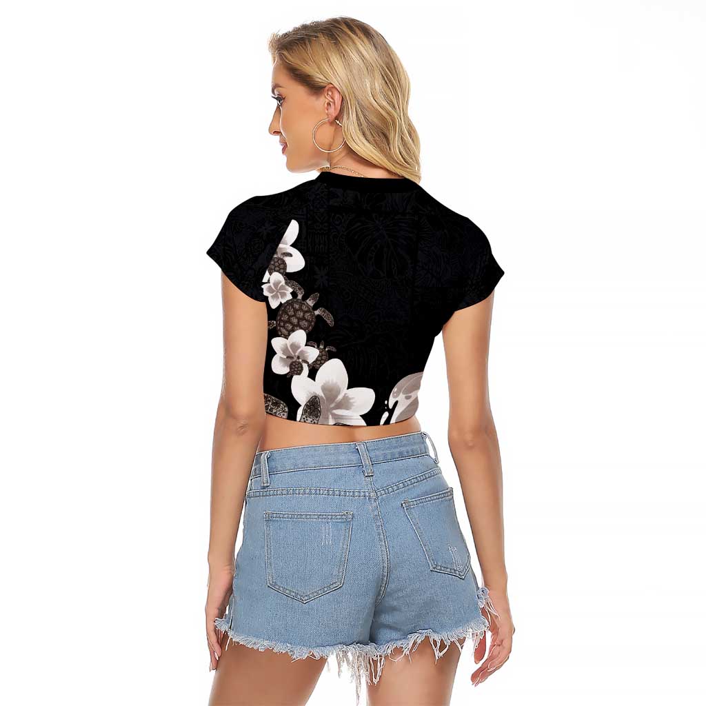 Hawaiian Plumeria and Turtle Raglan Cropped T Shirt with Polynesian Tribal Art Pattern Grayscale Color