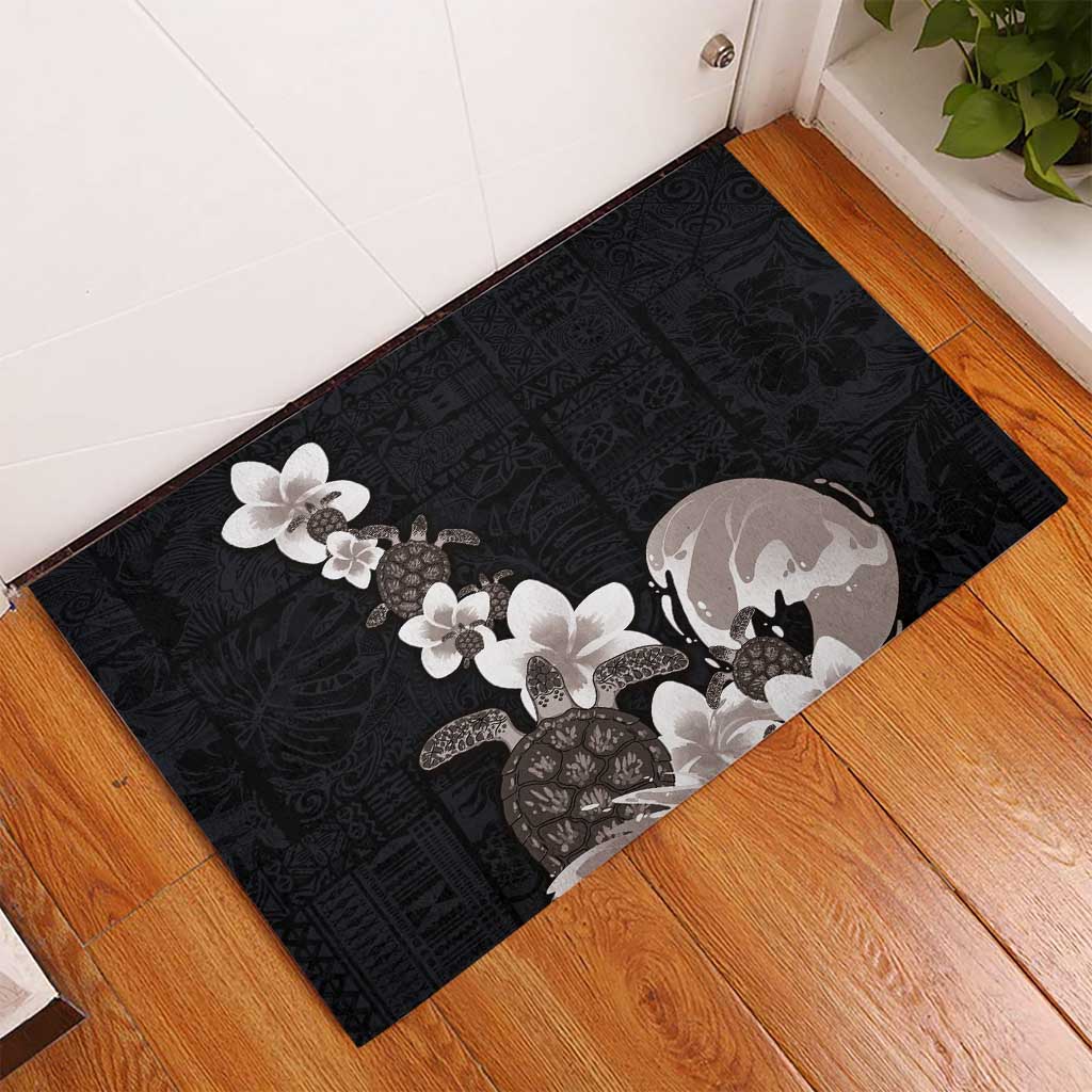 Hawaiian Plumeria and Turtle Rubber Doormat with Polynesian Tribal Art Pattern Grayscale Color