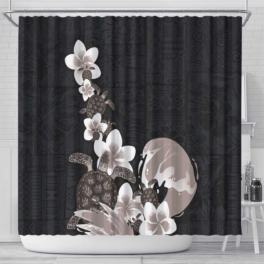 Hawaiian Plumeria and Turtle Shower Curtain with Polynesian Tribal Art Pattern Grayscale Color LT03 - Polynesian Pride