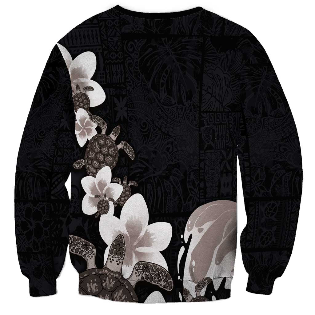 Hawaiian Plumeria and Turtle Sweatshirt with Polynesian Tribal Art Pattern Grayscale Color