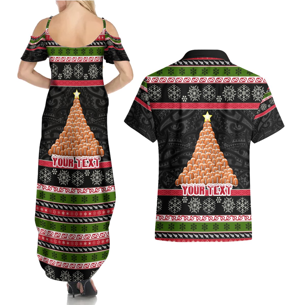 Personalized New Zealand Meri Kirihimete Couples Matching Summer Maxi Dress and Hawaiian Shirt Maori Warrior with Rugby Christmas Tree LT03 - Polynesian Pride