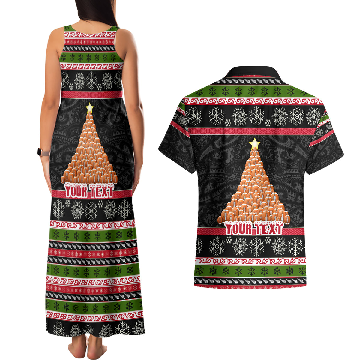 Personalized New Zealand Meri Kirihimete Couples Matching Tank Maxi Dress and Hawaiian Shirt Maori Warrior with Rugby Christmas Tree LT03 - Polynesian Pride