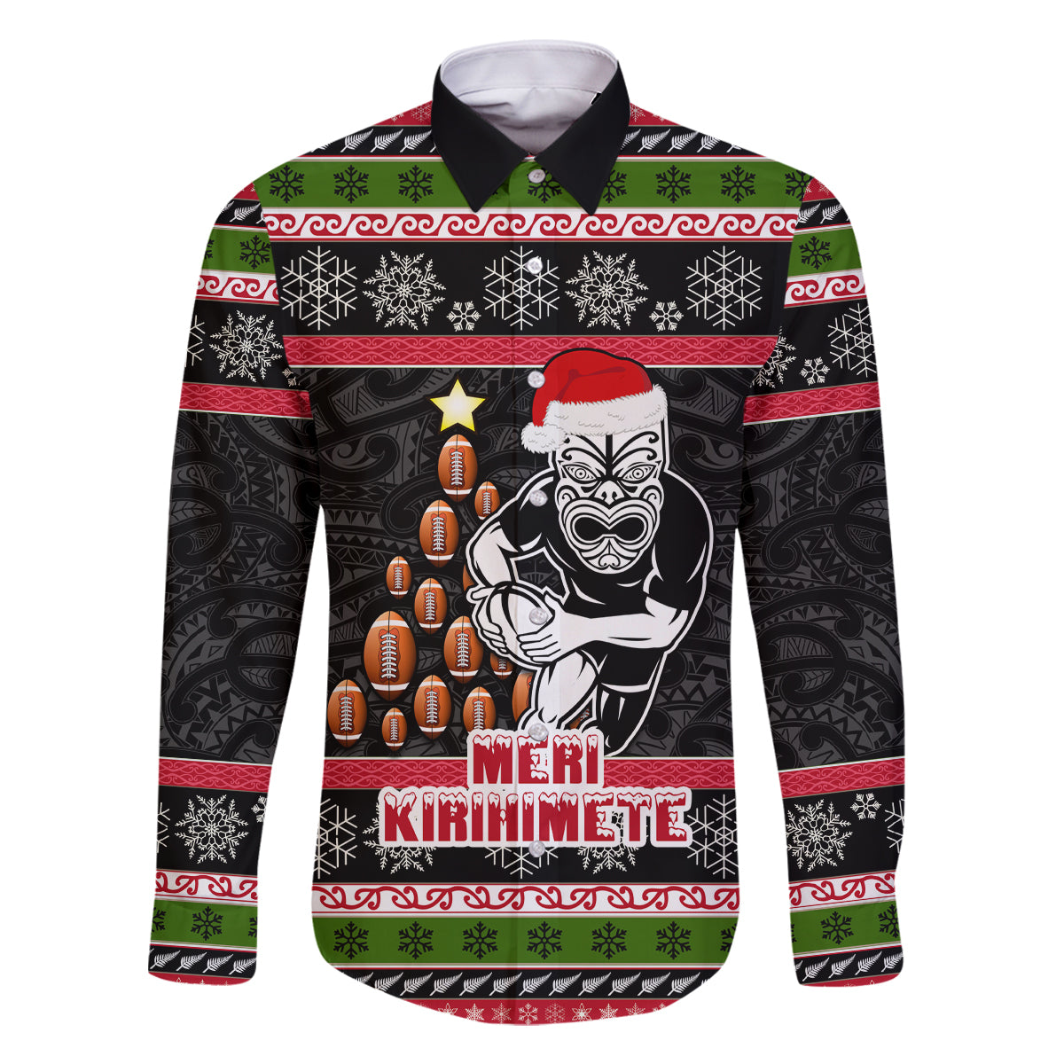 Personalized New Zealand Meri Kirihimete Family Matching Off Shoulder Maxi Dress and Hawaiian Shirt Maori Warrior with Rugby Christmas Tree LT03 Dad's Shirt - Long Sleeve Black - Polynesian Pride