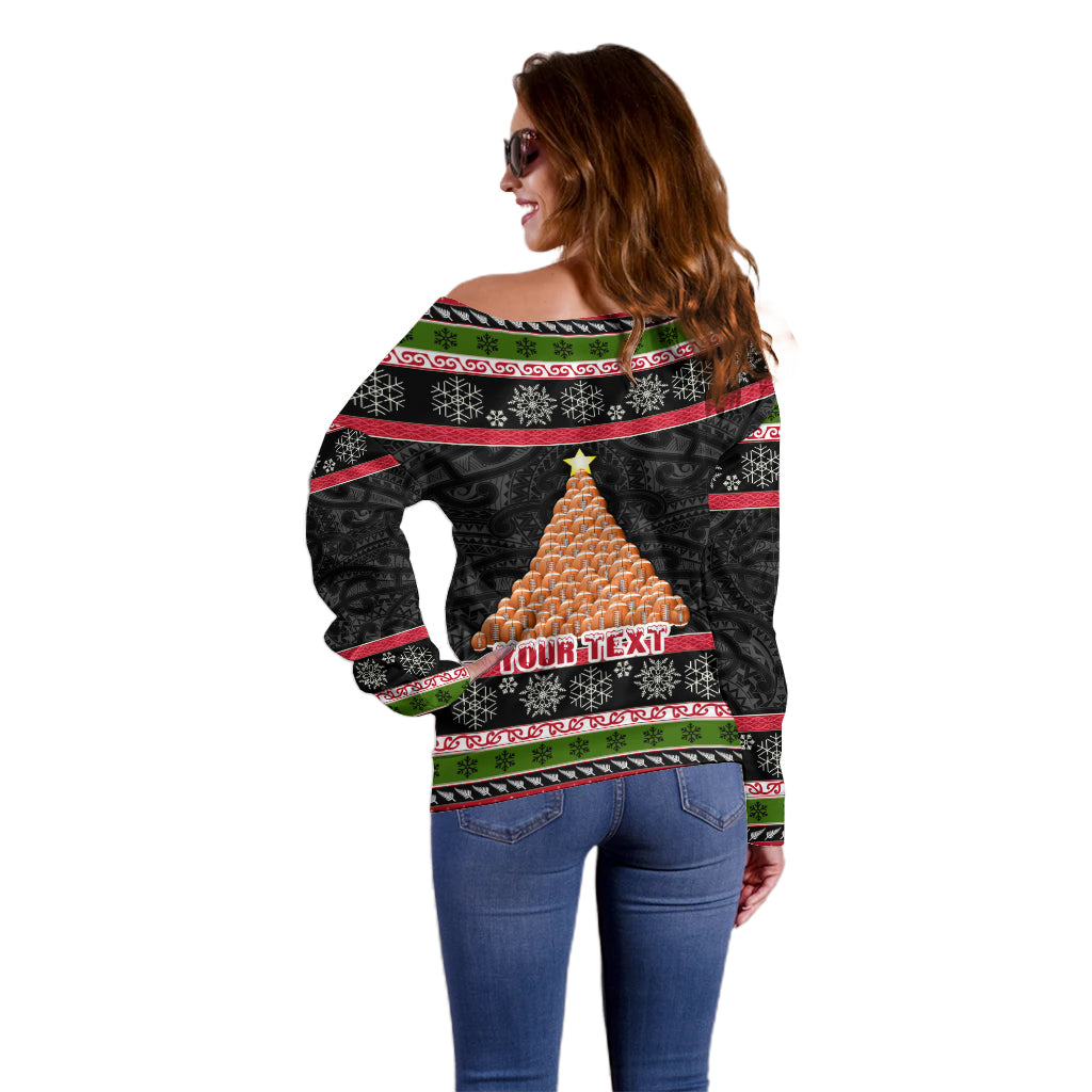 Personalized New Zealand Meri Kirihimete Off Shoulder Sweater Maori Warrior with Rugby Christmas Tree LT03 - Polynesian Pride
