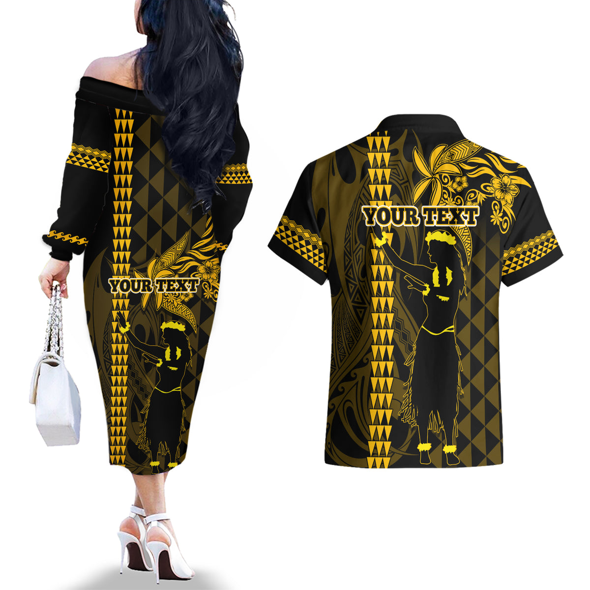 Custom Hawaii Couples Matching Off The Shoulder Long Sleeve Dress and Hawaiian Shirt Ukelele and Hula Girl Mix Kakau Pattern LT03 - Polynesian Pride