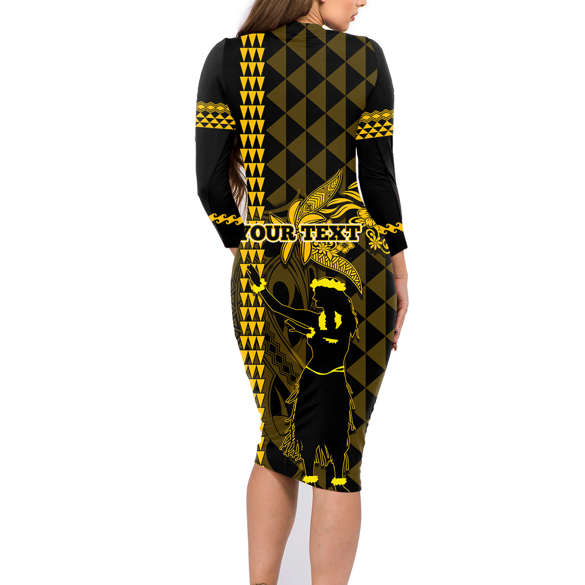Custom Hawaii Family Matching Long Sleeve Bodycon Dress and Hawaiian Shirt Ukelele and Hula Girl Mix Kakau Pattern LT03 - Polynesian Pride