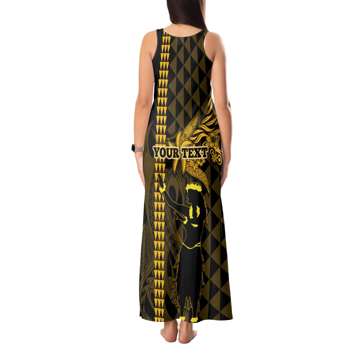 Custom Hawaii Tank Maxi Dress Ukelele and Hula Girl Mix Kakau Pattern LT03 - Polynesian Pride