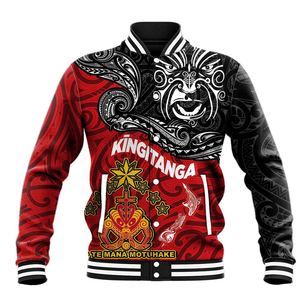 The Kingitanga - Maori King Movement Baseball Jacket Ko Te Mana Motuhake Emblem with Moko and Polynesian Art Tattoo