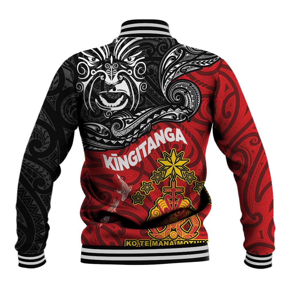 The Kingitanga - Maori King Movement Baseball Jacket Ko Te Mana Motuhake Emblem with Moko and Polynesian Art Tattoo