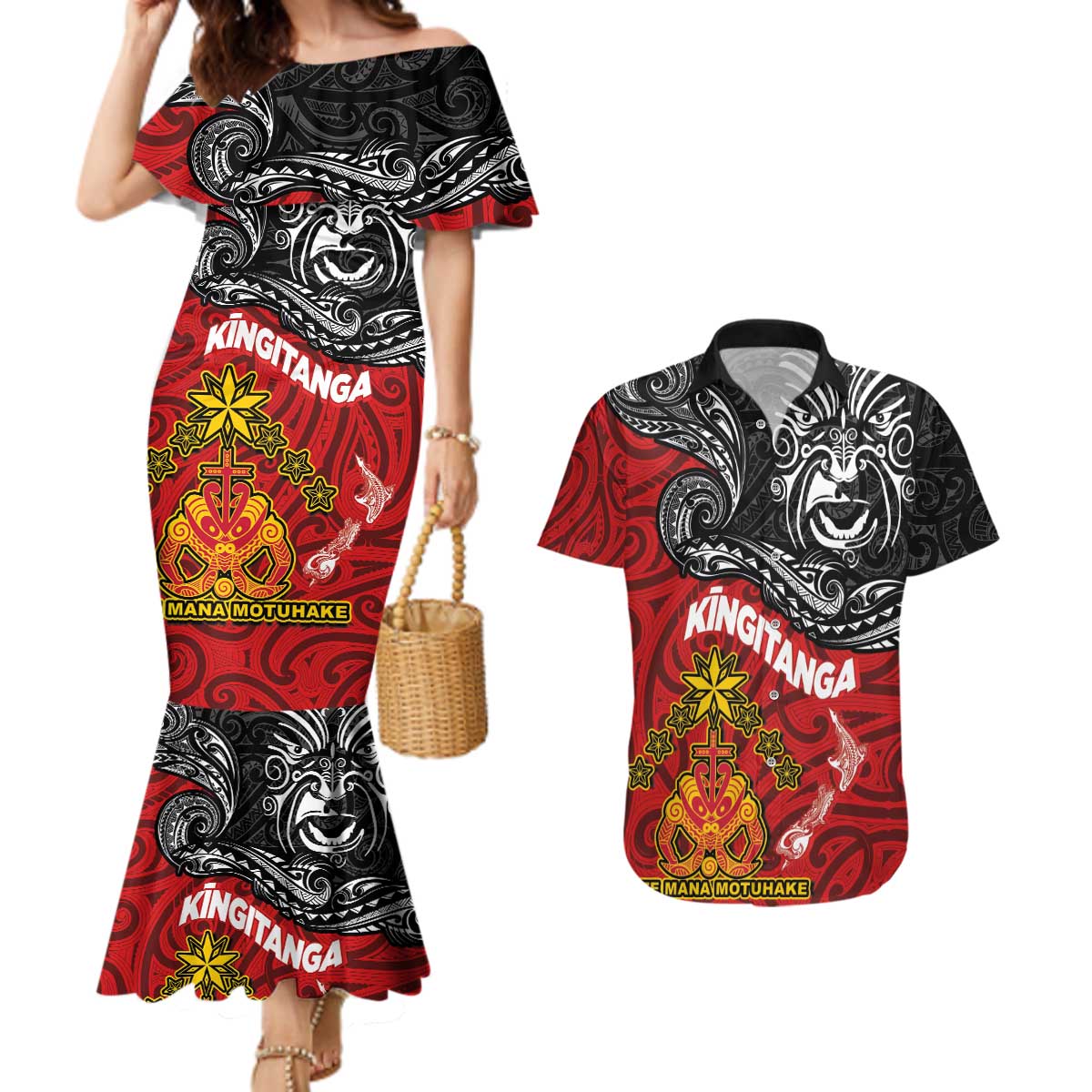 Maori King Movement Couples Matching Mermaid Dress and Hawaiian Shirt Ko Te Mana Motuhake Emblem with Moko and Polynesian Art Tattoo LT03 Red - Polynesian Pride