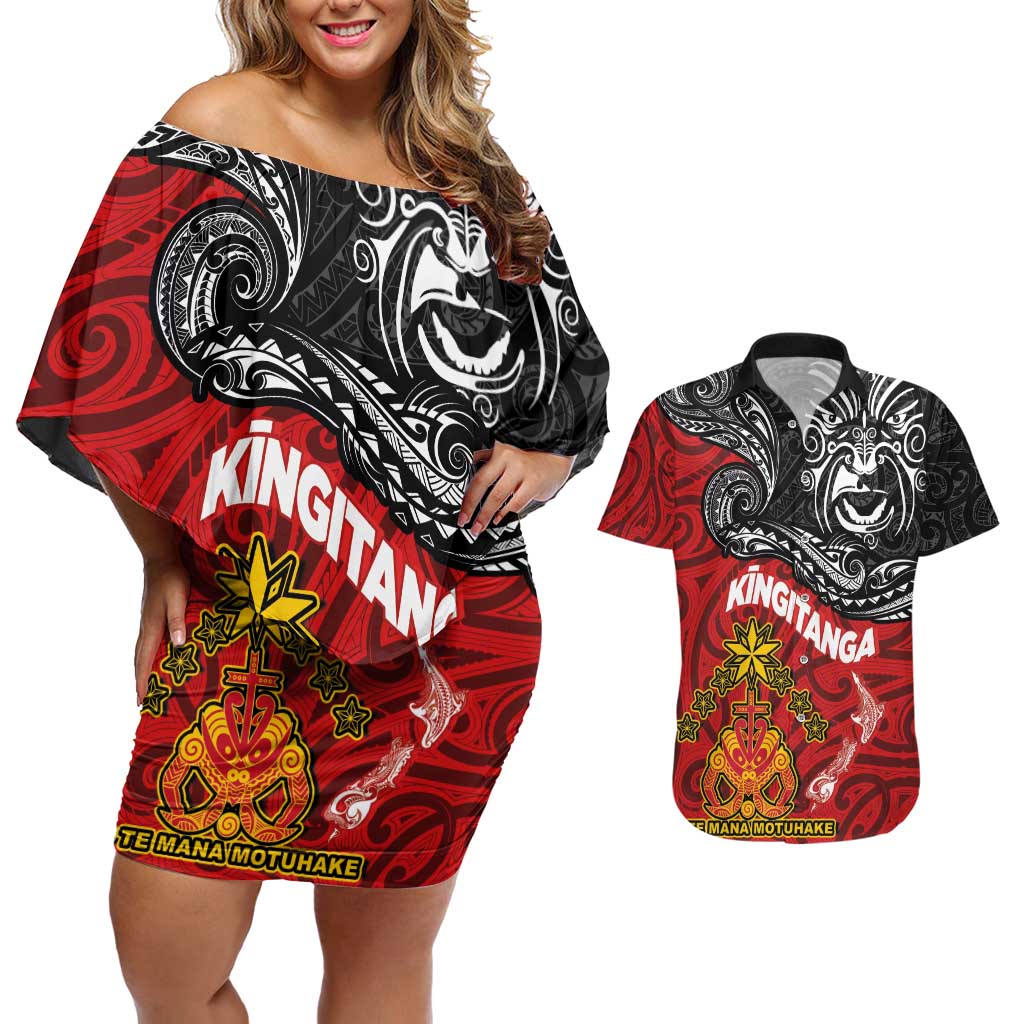 Maori King Movement Couples Matching Off Shoulder Short Dress and Hawaiian Shirt Ko Te Mana Motuhake Emblem with Moko and Polynesian Art Tattoo LT03 Red - Polynesian Pride