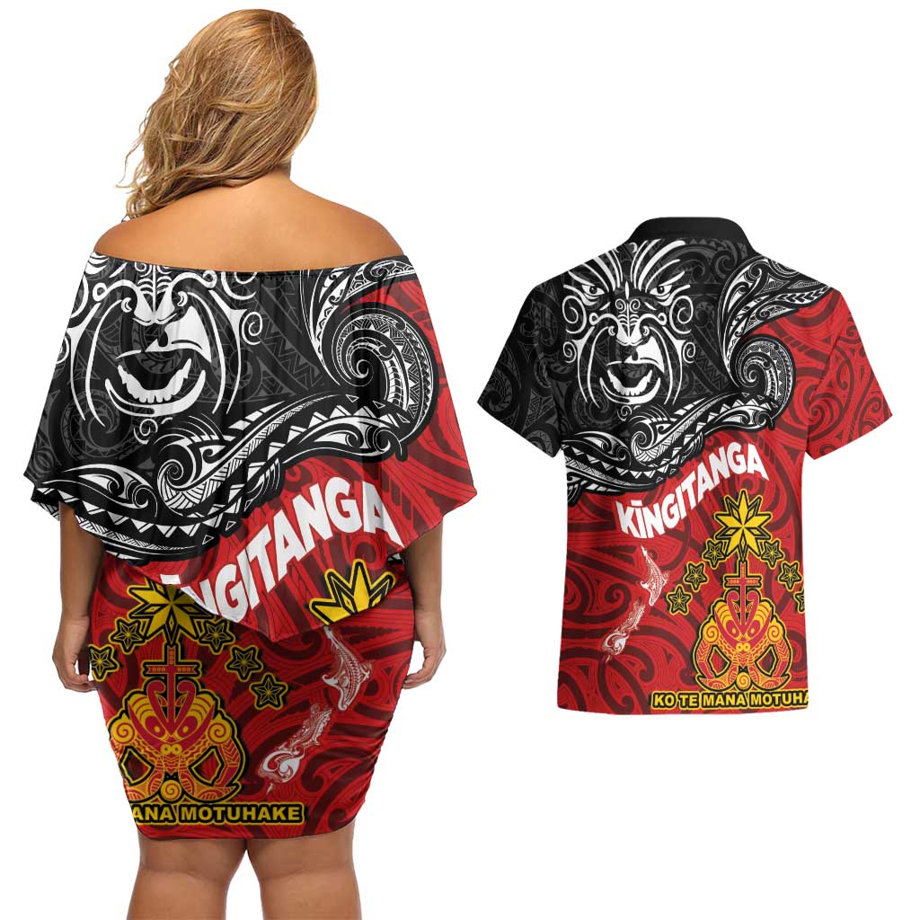 Maori King Movement Couples Matching Off Shoulder Short Dress and Hawaiian Shirt Ko Te Mana Motuhake Emblem with Moko and Polynesian Art Tattoo LT03 - Polynesian Pride