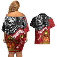 Maori King Movement Couples Matching Off Shoulder Short Dress and Hawaiian Shirt Ko Te Mana Motuhake Emblem with Moko and Polynesian Art Tattoo LT03 - Polynesian Pride