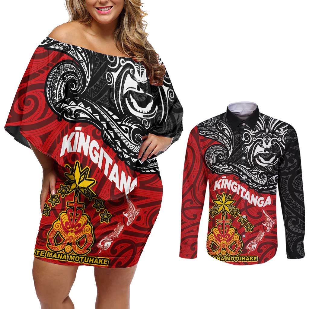 The Kingitanga - Maori King Movement Couples Matching Off Shoulder Short Dress and Long Sleeve Button Shirt Ko Te Mana Motuhake Emblem with Moko and Polynesian Art Tattoo