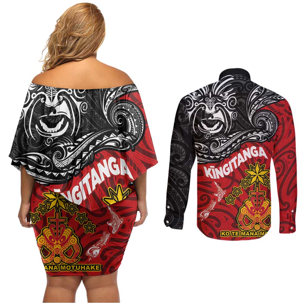 The Kingitanga - Maori King Movement Couples Matching Off Shoulder Short Dress and Long Sleeve Button Shirt Ko Te Mana Motuhake Emblem with Moko and Polynesian Art Tattoo