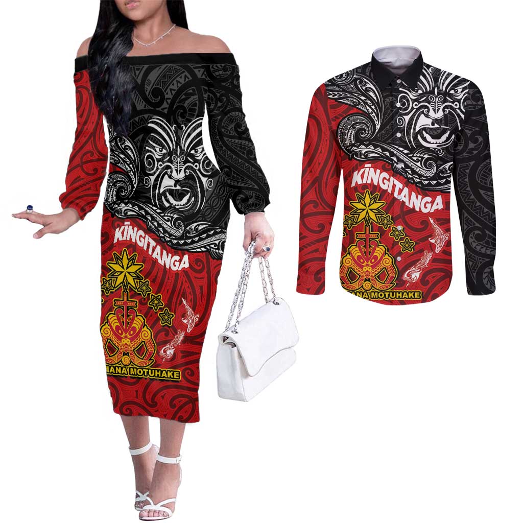 The Kingitanga - Maori King Movement Couples Matching Off The Shoulder Long Sleeve Dress and Long Sleeve Button Shirt Ko Te Mana Motuhake Emblem with Moko and Polynesian Art Tattoo