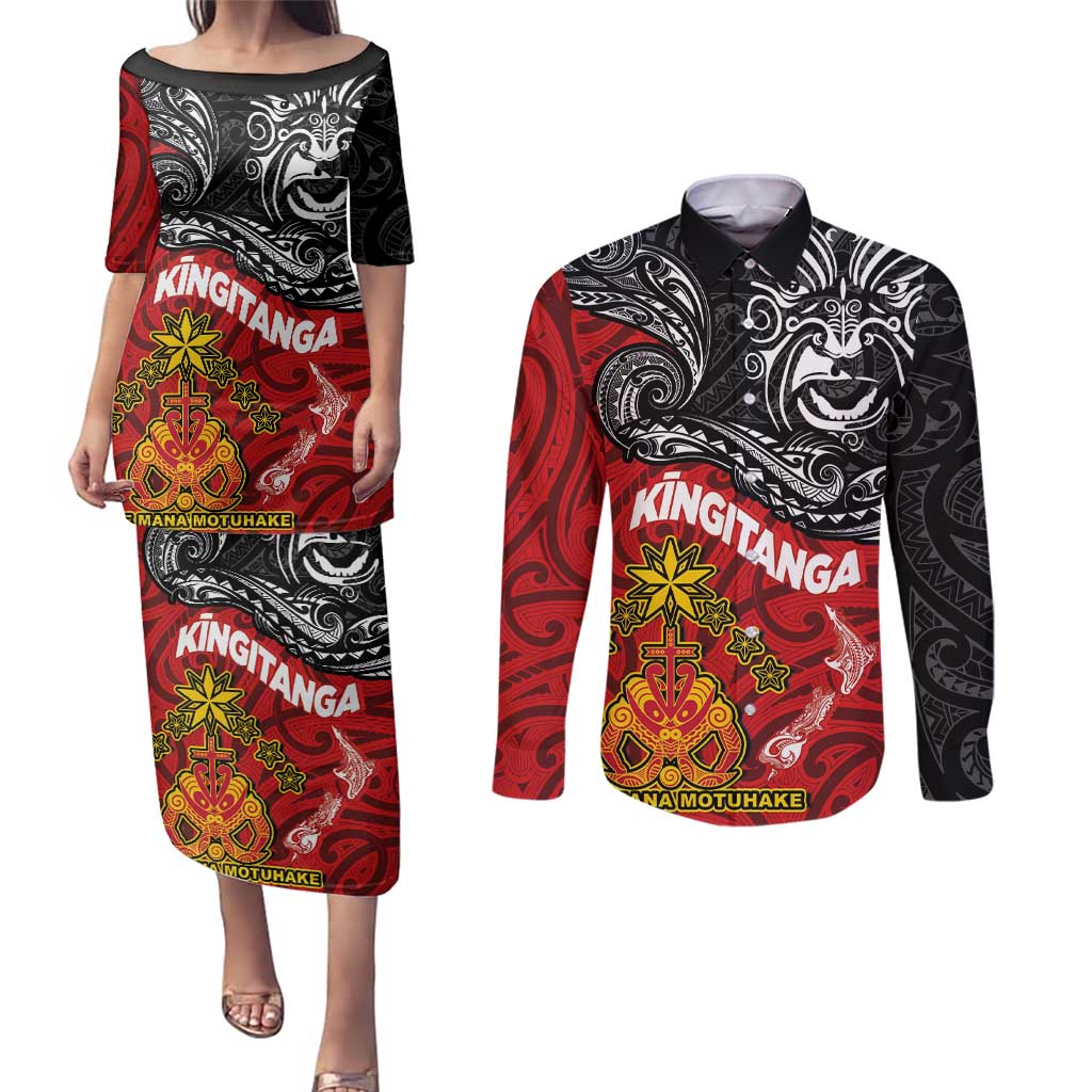The Kingitanga - Maori King Movement Couples Matching Puletasi and Long Sleeve Button Shirt Ko Te Mana Motuhake Emblem with Moko and Polynesian Art Tattoo