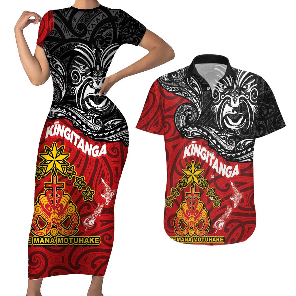 Maori King Movement Couples Matching Short Sleeve Bodycon Dress and Hawaiian Shirt Ko Te Mana Motuhake Emblem with Moko and Polynesian Art Tattoo LT03 Red - Polynesian Pride