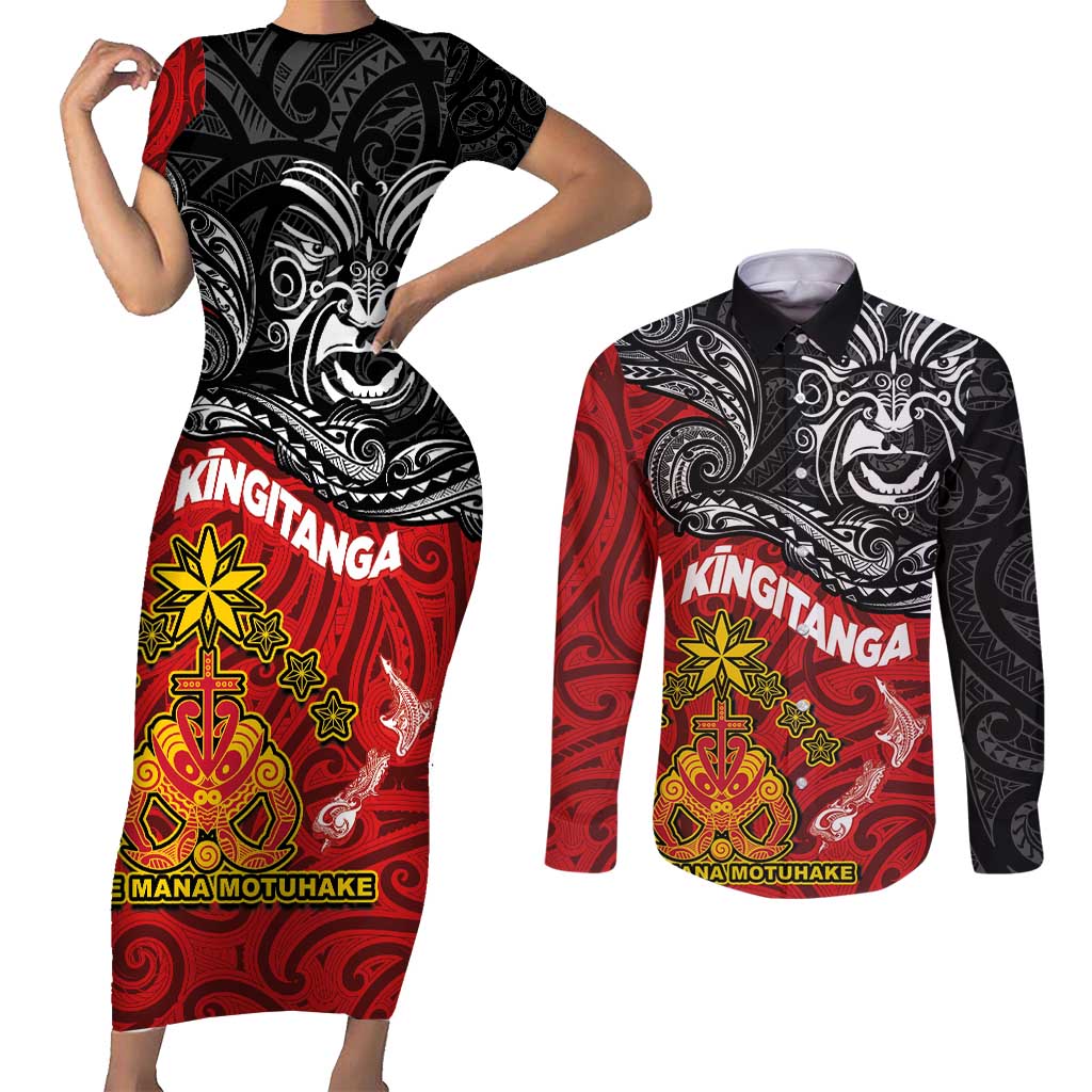 The Kingitanga - Maori King Movement Couples Matching Short Sleeve Bodycon Dress and Long Sleeve Button Shirt Ko Te Mana Motuhake Emblem with Moko and Polynesian Art Tattoo