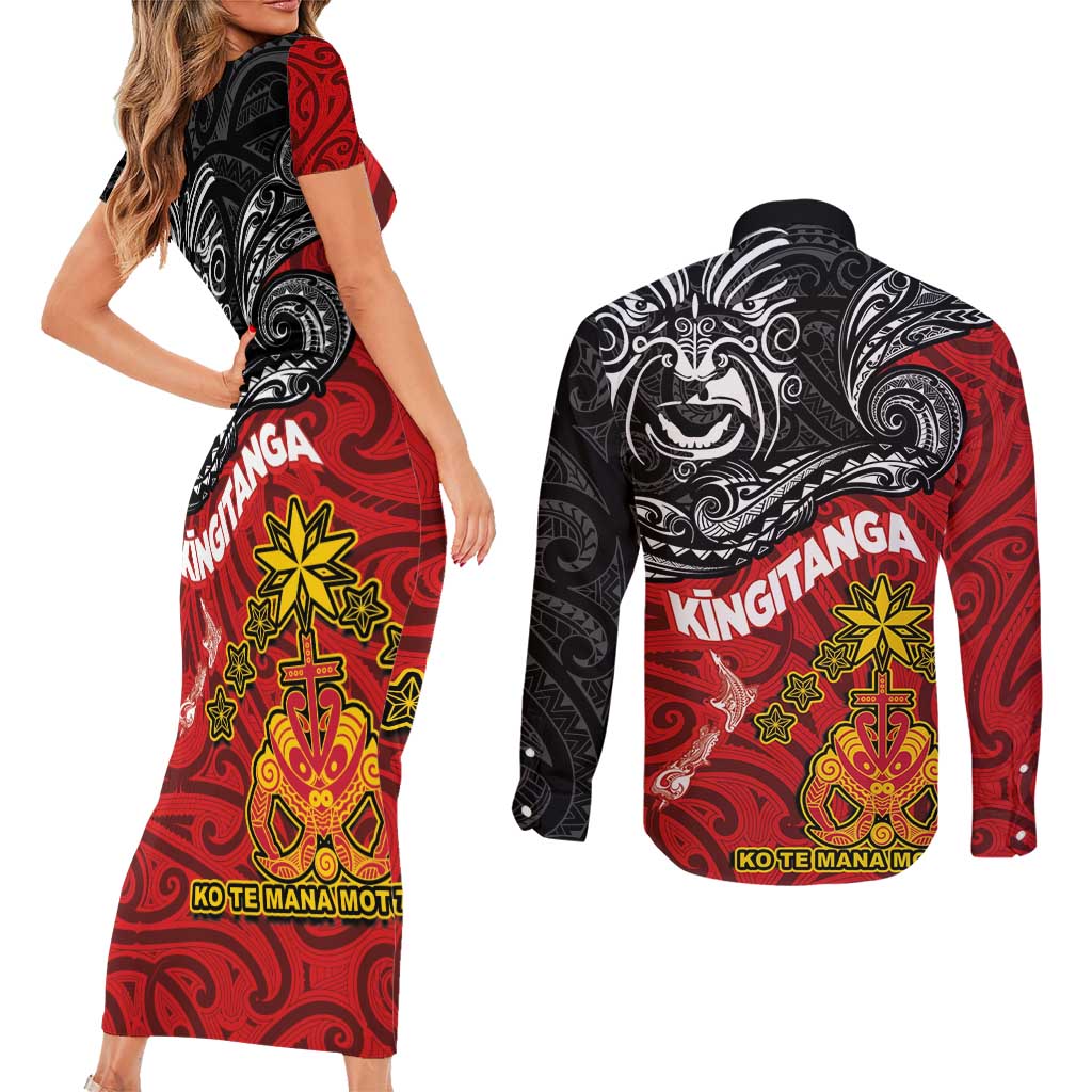 The Kingitanga - Maori King Movement Couples Matching Short Sleeve Bodycon Dress and Long Sleeve Button Shirt Ko Te Mana Motuhake Emblem with Moko and Polynesian Art Tattoo