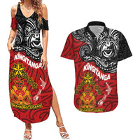 Maori King Movement Couples Matching Summer Maxi Dress and Hawaiian Shirt Ko Te Mana Motuhake Emblem with Moko and Polynesian Art Tattoo LT03 Red - Polynesian Pride