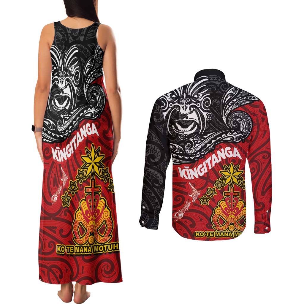 The Kingitanga - Maori King Movement Couples Matching Tank Maxi Dress and Long Sleeve Button Shirt Ko Te Mana Motuhake Emblem with Moko and Polynesian Art Tattoo