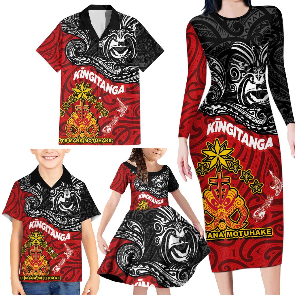 Maori King Movement Family Matching Long Sleeve Bodycon Dress and Hawaiian Shirt Ko Te Mana Motuhake Emblem with Moko and Polynesian Art Tattoo LT03 - Polynesian Pride
