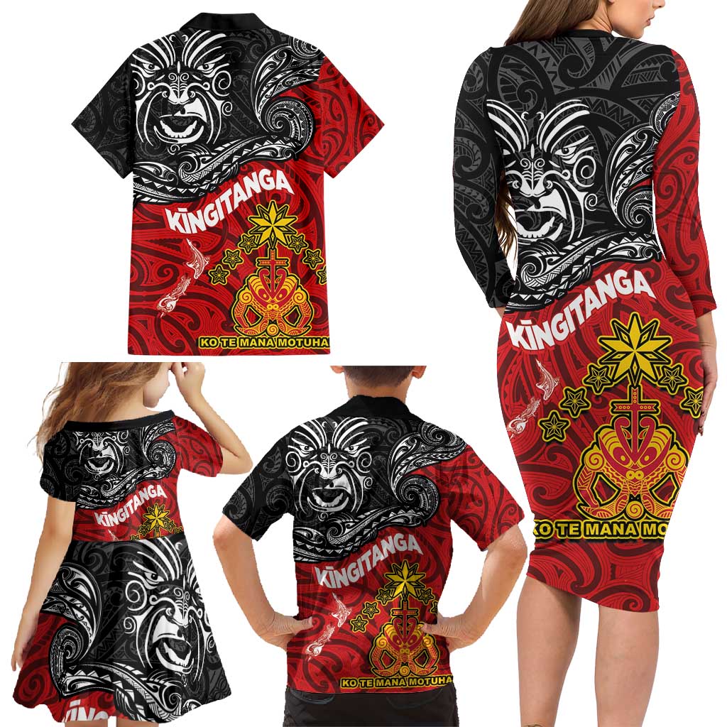 Maori King Movement Family Matching Long Sleeve Bodycon Dress and Hawaiian Shirt Ko Te Mana Motuhake Emblem with Moko and Polynesian Art Tattoo LT03 - Polynesian Pride