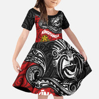 Maori King Movement Family Matching Off Shoulder Maxi Dress and Hawaiian Shirt Ko Te Mana Motuhake Emblem with Moko and Polynesian Art Tattoo LT03 Daughter's Dress Red - Polynesian Pride