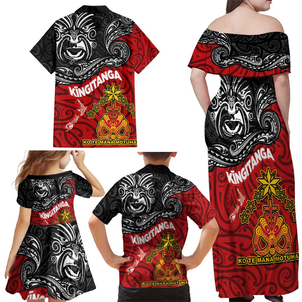 Maori King Movement Family Matching Off Shoulder Maxi Dress and Hawaiian Shirt Ko Te Mana Motuhake Emblem with Moko and Polynesian Art Tattoo LT03 - Polynesian Pride
