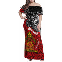 Maori King Movement Family Matching Off Shoulder Maxi Dress and Hawaiian Shirt Ko Te Mana Motuhake Emblem with Moko and Polynesian Art Tattoo LT03 Mom's Dress Red - Polynesian Pride