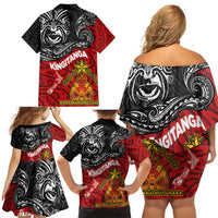 Maori King Movement Family Matching Off Shoulder Short Dress and Hawaiian Shirt Ko Te Mana Motuhake Emblem with Moko and Polynesian Art Tattoo LT03 - Polynesian Pride