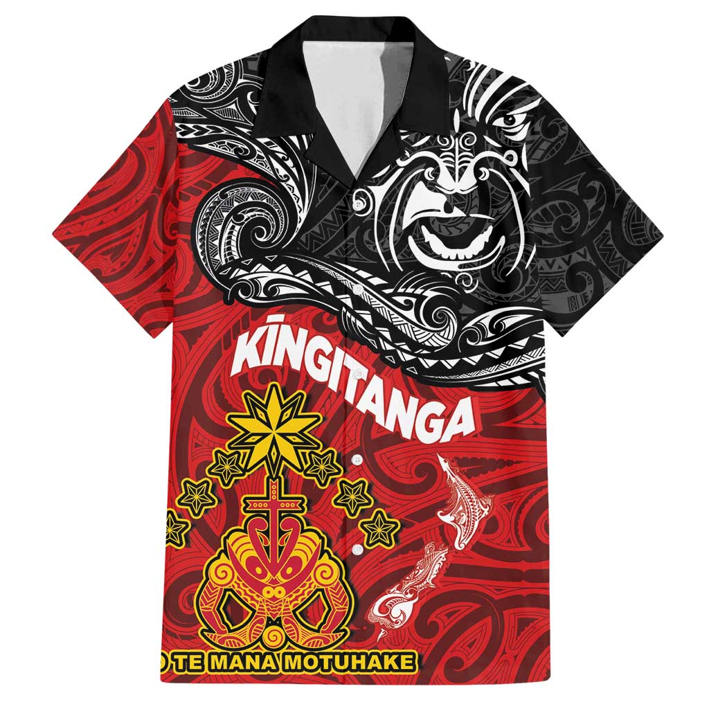 Maori King Movement Family Matching Off Shoulder Short Dress and Hawaiian Shirt Ko Te Mana Motuhake Emblem with Moko and Polynesian Art Tattoo LT03 Dad's Shirt - Short Sleeve Red - Polynesian Pride