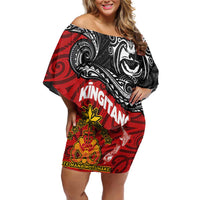Maori King Movement Family Matching Off Shoulder Short Dress and Hawaiian Shirt Ko Te Mana Motuhake Emblem with Moko and Polynesian Art Tattoo LT03 Mom's Dress Red - Polynesian Pride