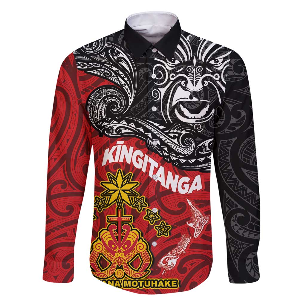 Maori King Movement Family Matching Puletasi and Hawaiian Shirt Ko Te Mana Motuhake Emblem with Moko and Polynesian Art Tattoo LT03 Dad's Shirt - Long Sleeve Red - Polynesian Pride