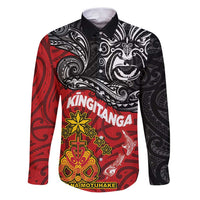Maori King Movement Family Matching Puletasi and Hawaiian Shirt Ko Te Mana Motuhake Emblem with Moko and Polynesian Art Tattoo LT03 Dad's Shirt - Long Sleeve Red - Polynesian Pride