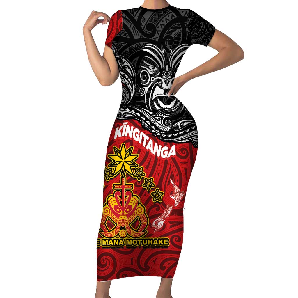 Maori King Movement Family Matching Short Sleeve Bodycon Dress and Hawaiian Shirt Ko Te Mana Motuhake Emblem with Moko and Polynesian Art Tattoo LT03 Mom's Dress Red - Polynesian Pride