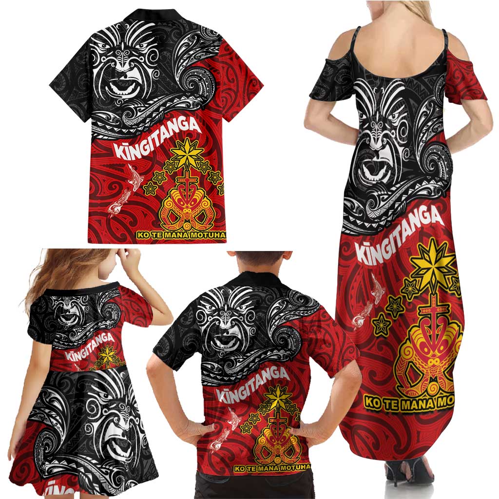 Maori King Movement Family Matching Summer Maxi Dress and Hawaiian Shirt Ko Te Mana Motuhake Emblem with Moko and Polynesian Art Tattoo LT03 - Polynesian Pride
