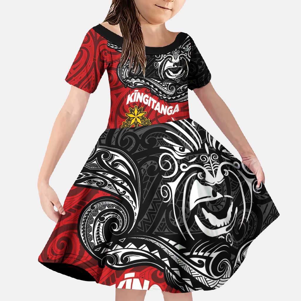 Maori King Movement Family Matching Tank Maxi Dress and Hawaiian Shirt Ko Te Mana Motuhake Emblem with Moko and Polynesian Art Tattoo LT03 Daughter's Dress Red - Polynesian Pride
