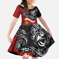 Maori King Movement Family Matching Tank Maxi Dress and Hawaiian Shirt Ko Te Mana Motuhake Emblem with Moko and Polynesian Art Tattoo LT03 Daughter's Dress Red - Polynesian Pride