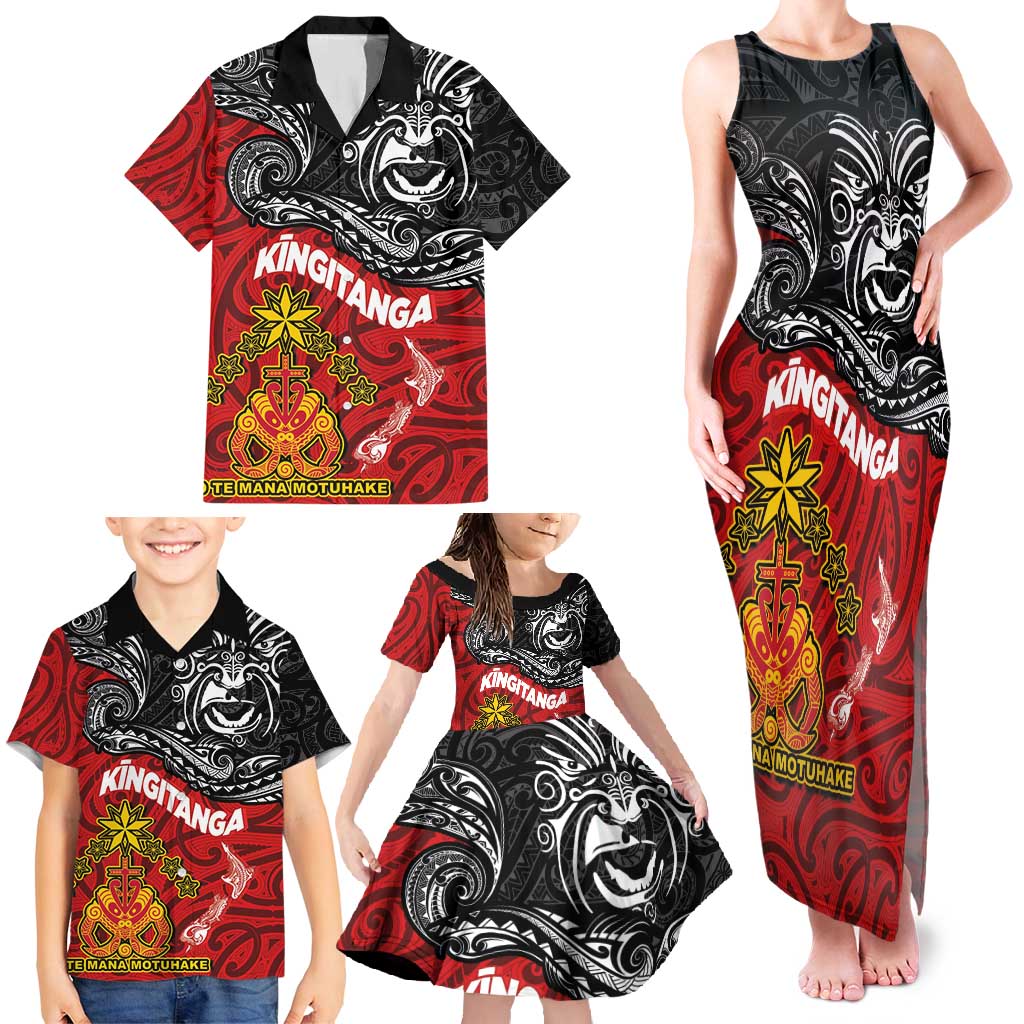 Maori King Movement Family Matching Tank Maxi Dress and Hawaiian Shirt Ko Te Mana Motuhake Emblem with Moko and Polynesian Art Tattoo LT03 - Polynesian Pride